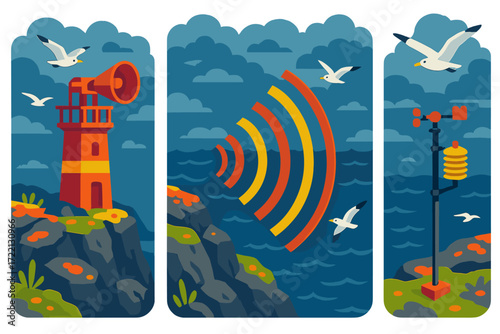 Foghorn Tower Coastal Scene. Isometric vector illustration set Emergency Coastal Signal Station: foghorn tower on cliff edge,
