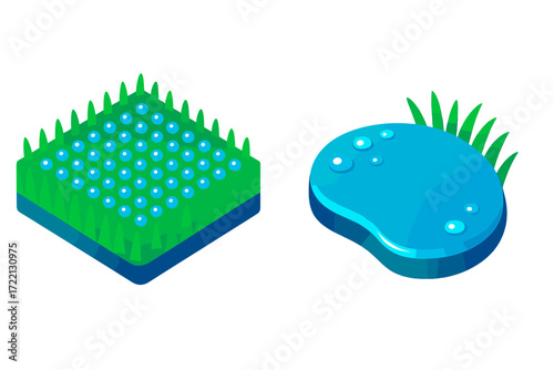 Lawn Dew Collection. Isometric vector illustration set Lawn Dew Collection: backyard grass with condensation layer, stepping stone