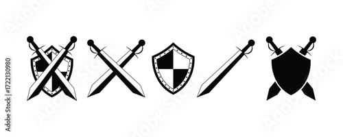 Shield and swords set, two crossed realistic swords with shield armor heraldry black symbol vector illustration.