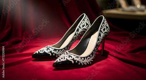 Black high-heeled shoes with intricate silver embroidery on a red velvet surface