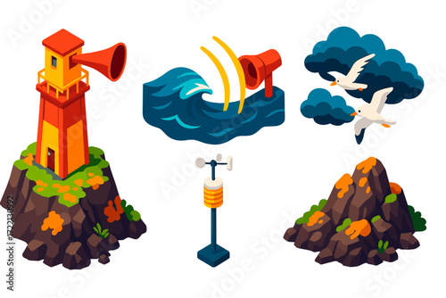 Foghorn Tower Coastal Scene. Isometric vector illustration set Emergency Coastal Signal Station: foghorn tower on cliff edge,