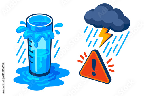 Intense Rain Alert. Isometric vector illustration set Heavy Rain Measurement Alert: rain gauge overflowing with intense