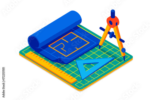 Architect's Tool Kit. Isometric vector illustration set Architect’s Tool Kit: blueprint partially unrolled, ruler set diagonally,