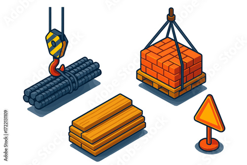 Dynamic Construction Icons. Isometric vector illustration set Crane Lifting Materials Kit: hook lifting steel rods, pallet of