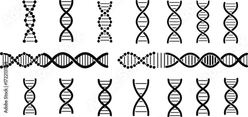 DNA helix vector icons set, genetic structure illustrations, molecular biology spiral artwork, biotechnology symbol design for science, research, and medicine
