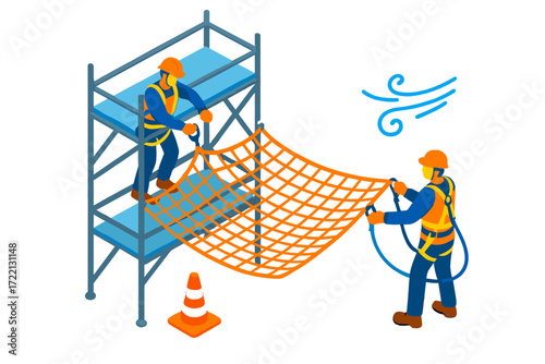 Safety Net Installation. Isometric vector illustration set Safety Net Installation: workers attaching safety net beneath scaffold