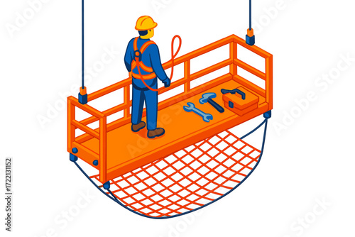Suspended Platform Illustration. Isometric vector illustration set Suspended Platform with Safety Net: platform hanging on cables,