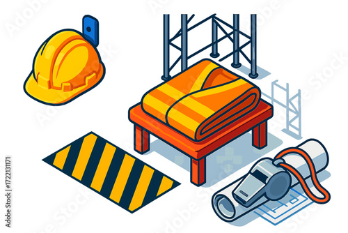 Worker Safety Essentials. Isometric vector illustration set Worker Safety Essentials: hardhat hanging on wall hook, reflective