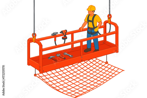 Suspended Platform Illustration. Isometric vector illustration set Suspended Platform with Safety Net: platform hanging on cables,