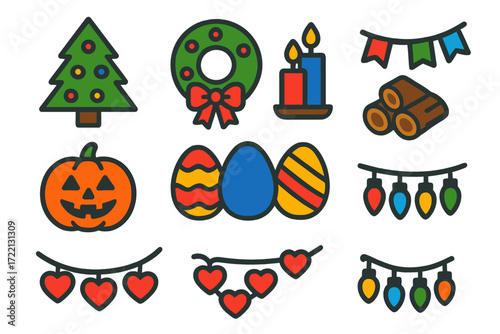 Seasonal Decor Icons. Flat vector icons of seasonal home decorations: Christmas tree, wreath, candles, garland, jack-o-lantern,