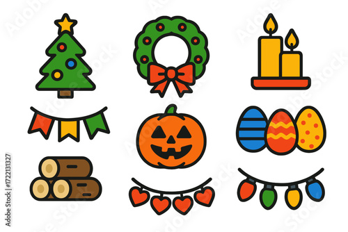 Seasonal Decor Icons. Flat vector icons of seasonal home decorations: Christmas tree, wreath, candles, garland, jack-o-lantern,