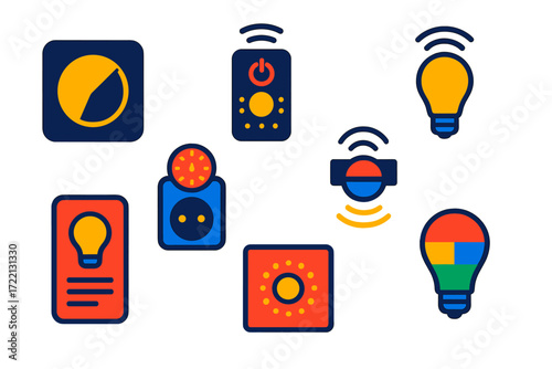 Lighting Control Icons. Flat vector icons of lighting control systems: dimmer switch, remote control, smart bulb, app interface,