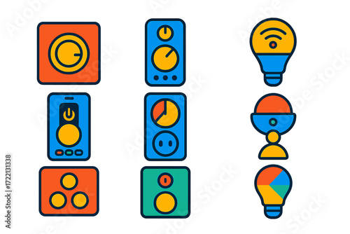 Lighting Control Icons. Flat vector icons of lighting control systems: dimmer switch, remote control, smart bulb, app interface,
