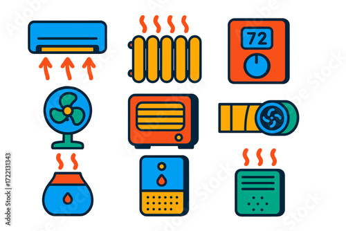 Modern HVAC Icons. Flat vector icons of HVAC systems at home: air conditioner, radiator, thermostat, fan, heater, ventilation duct
