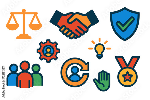 Core Values Icons. Flat vector icons of core values: honesty scale, trust handshake, integrity shield, collaboration gear,