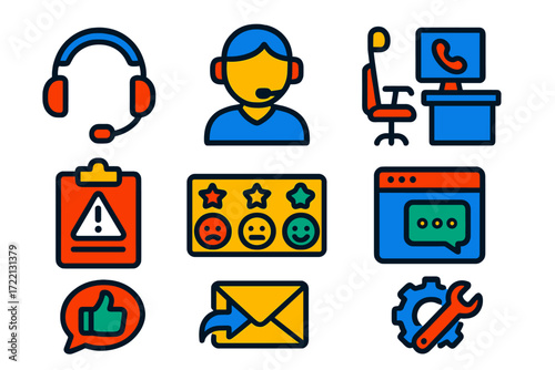 Customer Service Icons. Flat vector icons of customer service: operator headset, support agent, call center desk, complaint form,