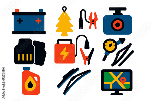 Flat Automotive Icons. Flat vector icons of automotive products: car battery, air freshener, dashboard camera, floor mats, jump