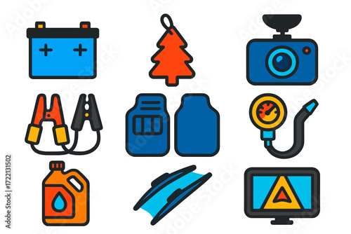 Flat Automotive Icons. Flat vector icons of automotive products: car battery, air freshener, dashboard camera, floor mats, jump