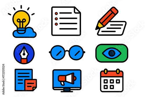 Blog Workflow Icons. Flat vector icons of blog writing workflow: brainstorming icon, outline sheet, draft pencil, edit tool,