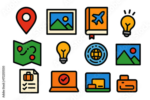 Travel Blog Icons. Flat vector icons of travel blog features: location pin, travel photo, trip journal, itinerary map, travel tips