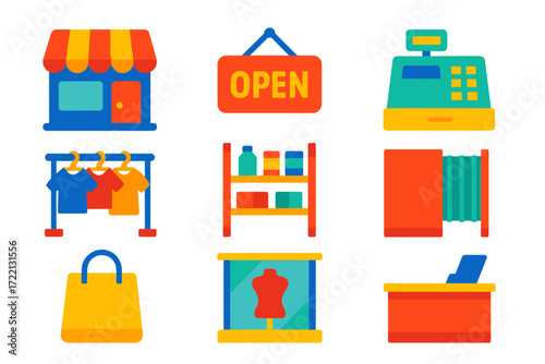 Vibrant Store Icons. Flat vector icons of physical store elements: storefront, open sign, cash register, clothing rack, product