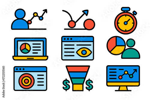 Flat Analytics Icons. Flat vector icons of blog analytics: visitor stats, bounce rate, session time, traffic sources, page views,