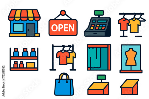 Vibrant Store Icons. Flat vector icons of physical store elements: storefront, open sign, cash register, clothing rack, product