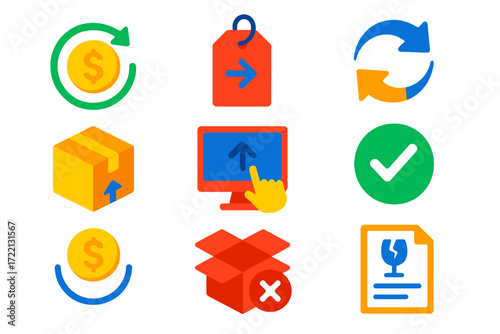 Bold Refund Icons. Flat vector icons of returns and refunds: refund money icon, return label, exchange icon, return package,
