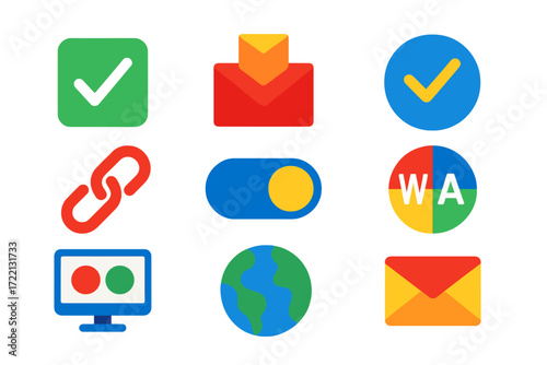Vibrant Registration Icons. Flat vector icons of registration preferences: marketing consent checkbox, newsletter opt-in, terms of