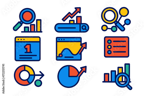Modern Search Analytics Icons. Flat vector icons of search analytics: search volume chart, trending keywords icon, search behavior
