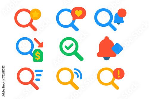 Bright Search Icons. Flat vector icons of search-related notifications: new result alert, saved search alert, search update