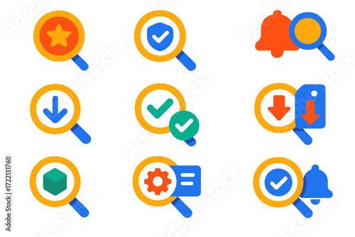 Bright Search Icons. Flat vector icons of search-related notifications: new result alert, saved search alert, search update