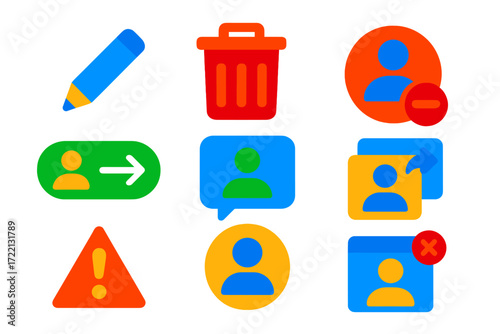 Modern User Icons. Flat vector icons of profile actions: edit icon, delete profile, block user icon, follow button, message
