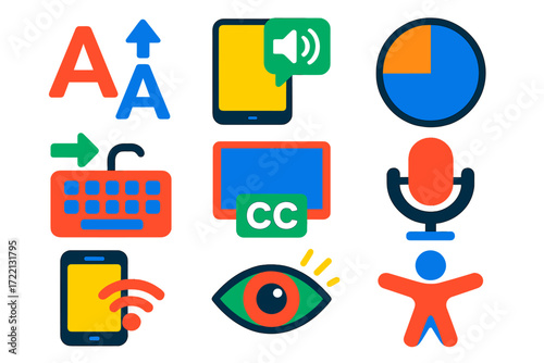Accessibility Settings Icons. Flat vector icons of accessibility settings: text resize icon, screen reader toggle, contrast mode,