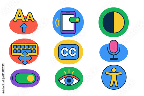 Accessibility Settings Icons. Flat vector icons of accessibility settings: text resize icon, screen reader toggle, contrast mode,