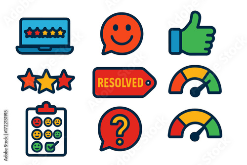 Bright Feedback Icons. Flat vector icons of help feedback and ratings: rate your help experience, smiley face feedback, thumbs up