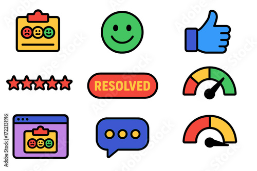 Bright Feedback Icons. Flat vector icons of help feedback and ratings: rate your help experience, smiley face feedback, thumbs up