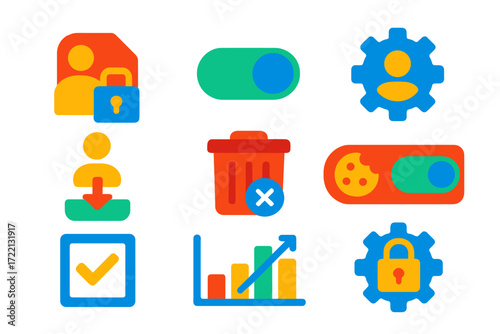 Flat Data Control Icons. Flat vector icons of user data control: data access request icon, consent toggle icon, data settings gear