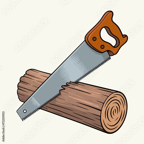 Illustration of hand saw cutting through wooden log for woodworking and carpentry projects hand drawn style