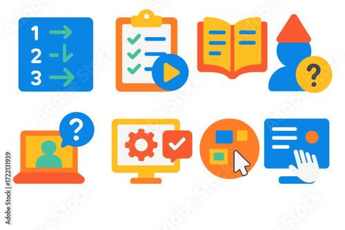 Guided Help Icons. Flat vector icons of guided help tools: step-by-step walkthrough, tutorial checklist, getting started guide,