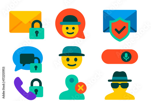 Secure Communication Icons. Flat vector icons of email and communication privacy: encrypted email icon, private message icon,