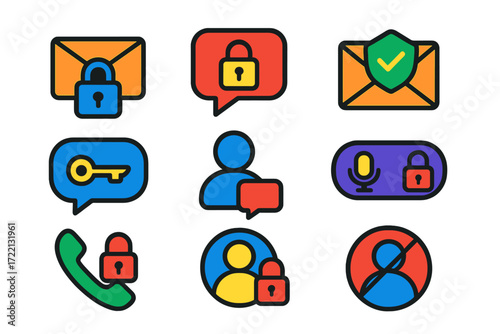 Secure Communication Icons. Flat vector icons of email and communication privacy: encrypted email icon, private message icon,