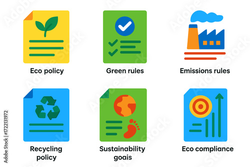 Sustainability Policy Icons. Flat vector icons of environmental and sustainability policies: eco policy document, green checklist
