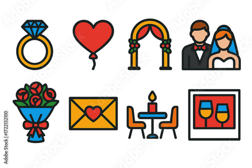 Romantic Wedding Icons. Flat vector icons of wedding and romantic events: wedding ring icon, heart balloon, wedding arch symbol,