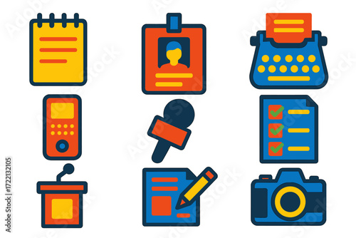 Journalism Tools Icons. Flat vector icons of journalism tools: reporter notepad, press badge icon, typewriter symbol, voice