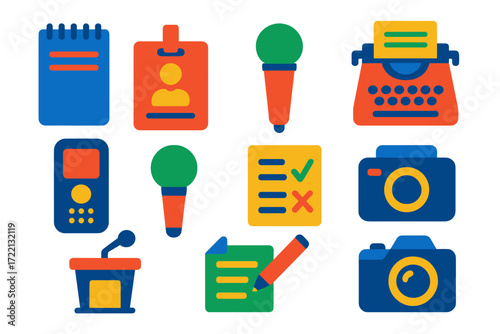 Journalism Tools Icons. Flat vector icons of journalism tools: reporter notepad, press badge icon, typewriter symbol, voice