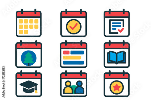 Vibrant Academic Icons. Flat vector icons of academic calendar: school calendar icon, exam schedule, homework due date, holiday