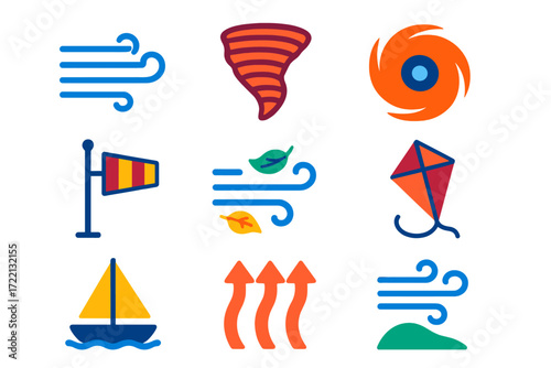 Modern Wind Icons. Flat vector icons of wind-related conditions: wind gust lines, tornado funnel, hurricane swirl icon, wind vane
