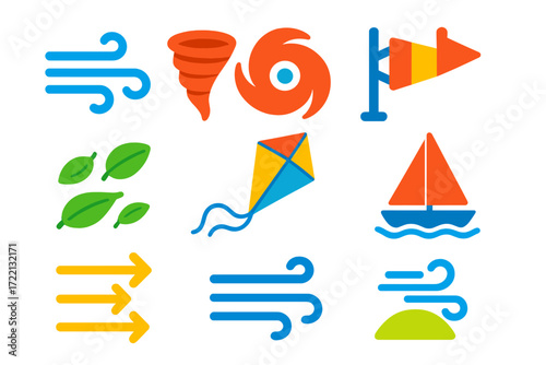 Modern Wind Icons. Flat vector icons of wind-related conditions: wind gust lines, tornado funnel, hurricane swirl icon, wind vane