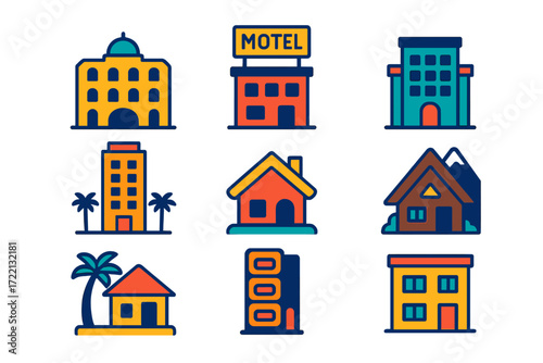 Vibrant Hotel Icons. Flat vector icons of hotel buildings and types: luxury hotel facade, budget motel icon, boutique hotel